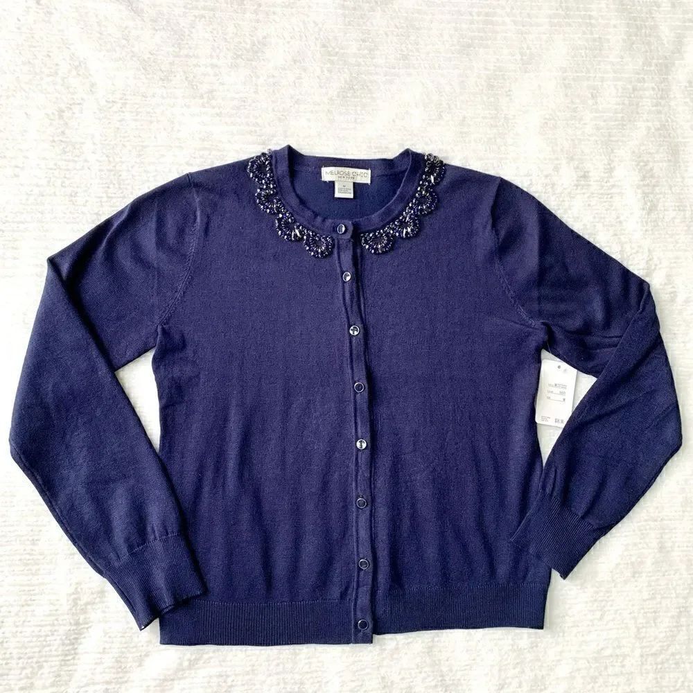 New Ladies Beaded Crewneck Cardigan In Navy